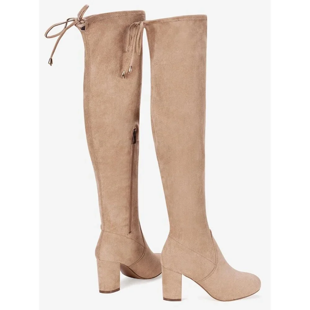 Women's Sand Suede Inner Zipper Thigh High Over The Knee High Square Heel Boots